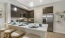 a kitchen with a bar and stools
